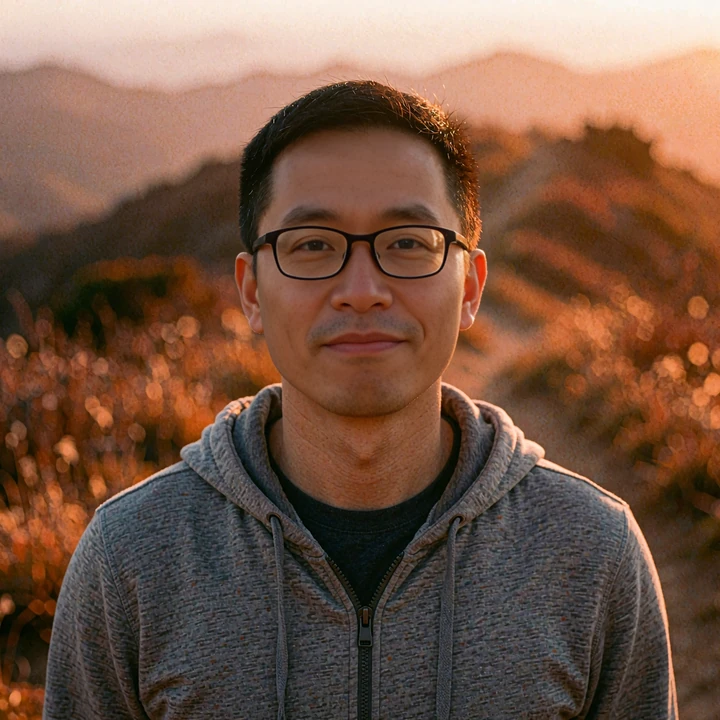 East Asian man in his early thirties with glasses and a gray hoodie at a trailhead, budget dating site persona, elvori review