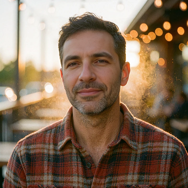 Man in his late thirties in a plaid flannel shirt on a brewery patio, swipe-fatigue dating app persona, elvori review