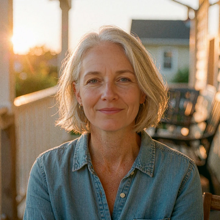 Woman in her late forties with a silver-blond bob and chambray shirt on a porch, dating after divorce persona, elvori review