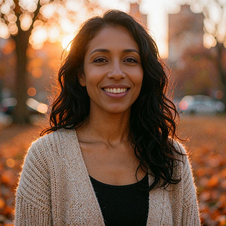 Woman in her early thirties with long wavy hair and an oatmeal cardigan in a park, local dating persona, elvori review