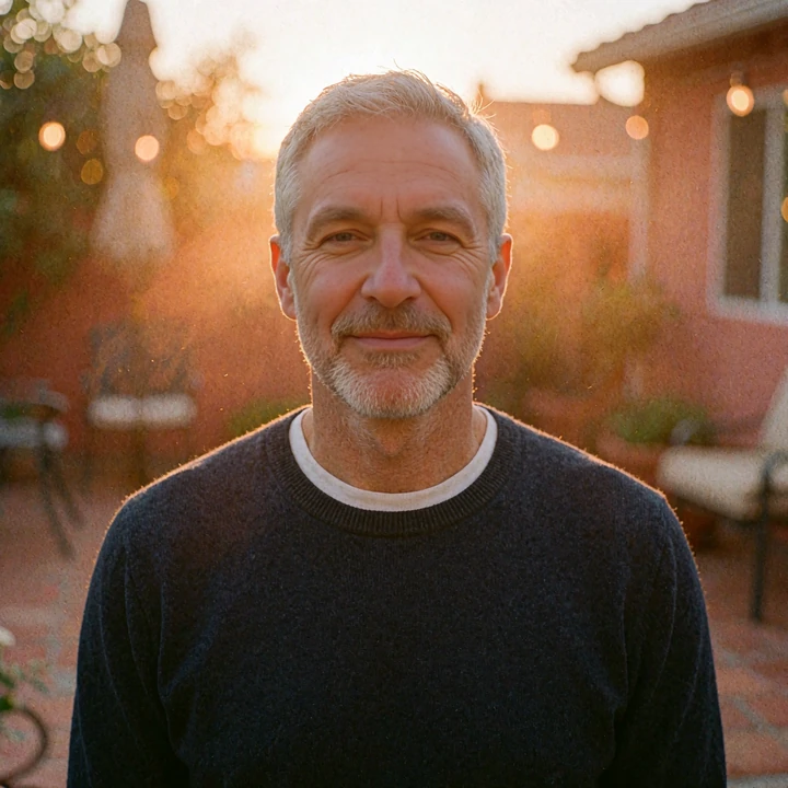 Smiling man in his fifties with a silver beard and navy sweater at sunset, over-40 online dating persona, elvori review