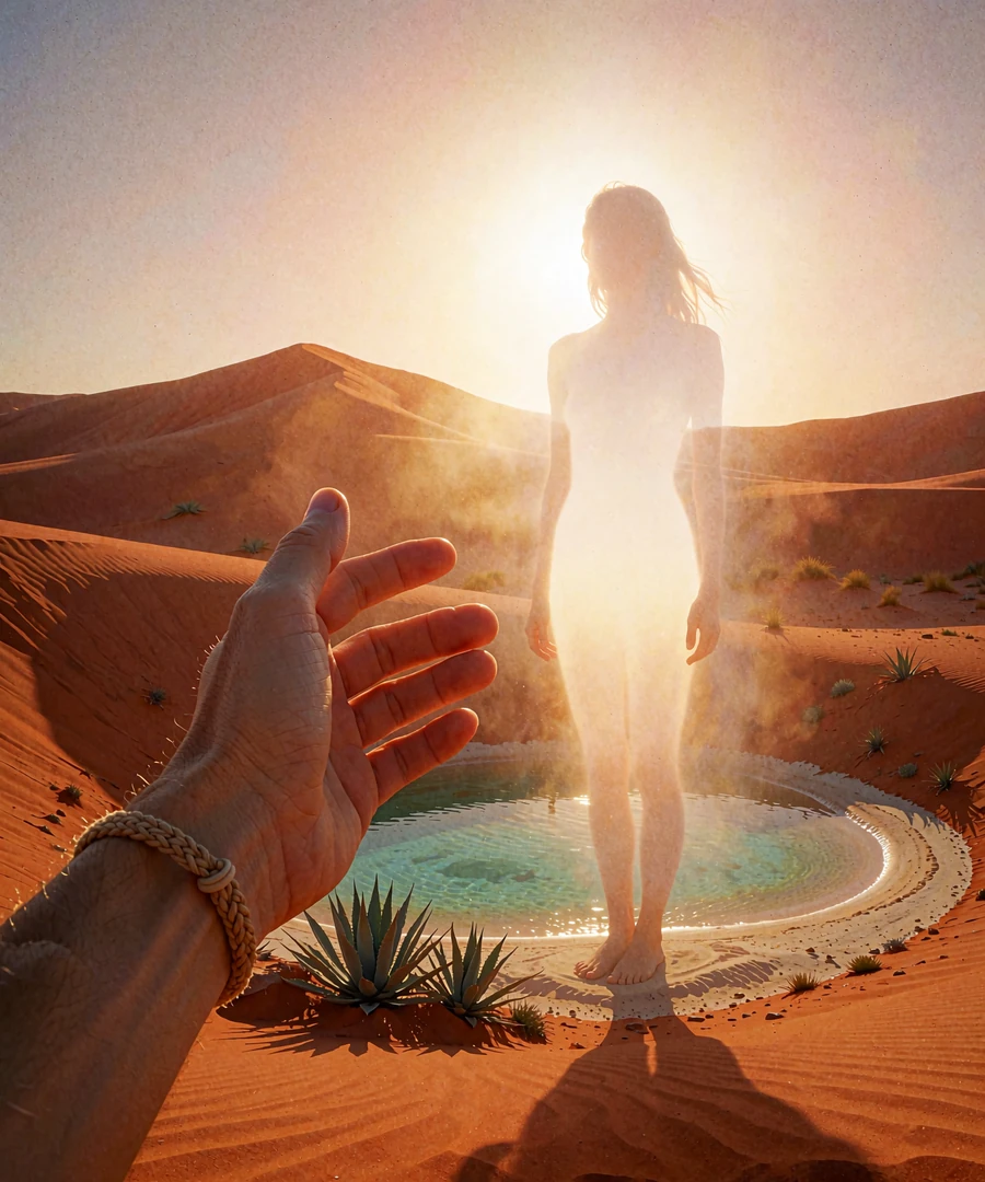 Surreal desert oasis with a hand reaching toward a glowing silhouette, symbolizing uncertain online dating connections, elvori review